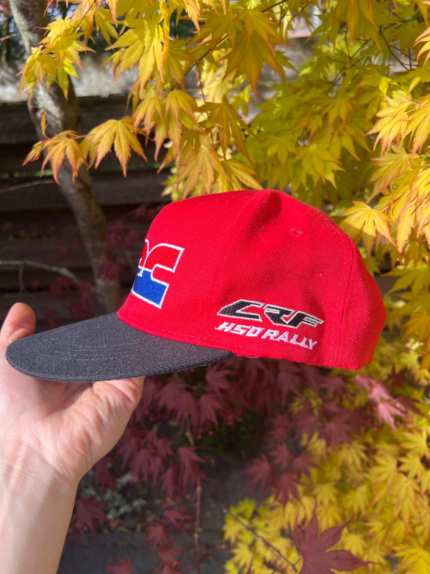 90s Honda Embroidered All Over HRC Rally Racing Strapback Cap Red – One Size