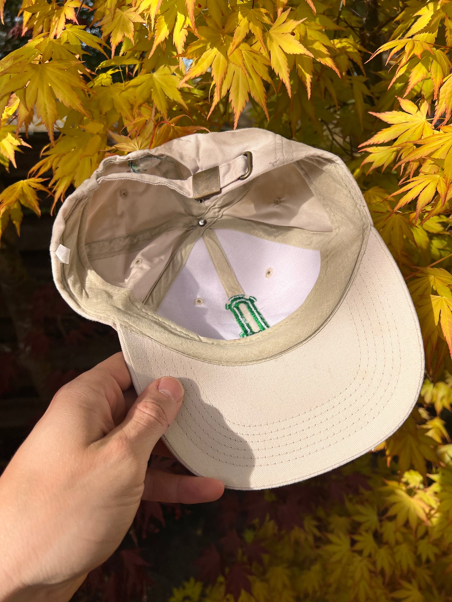 90s Perrier Embroidered Big P Strapback Cap Beige – Medium