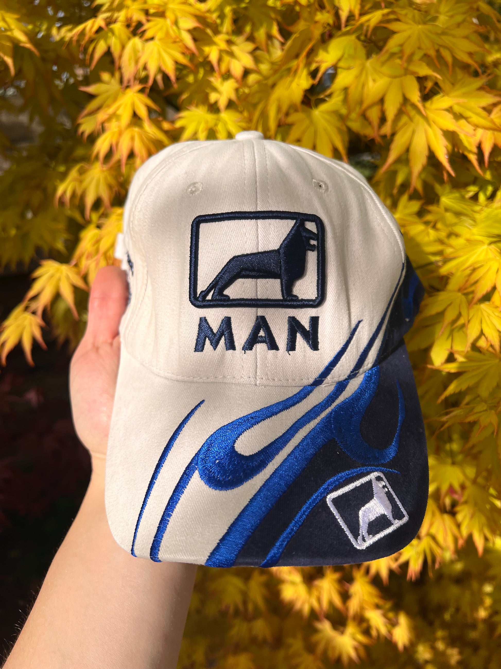 90s Man Embroidered Flames Racing Strapback Cap Grey – One Size