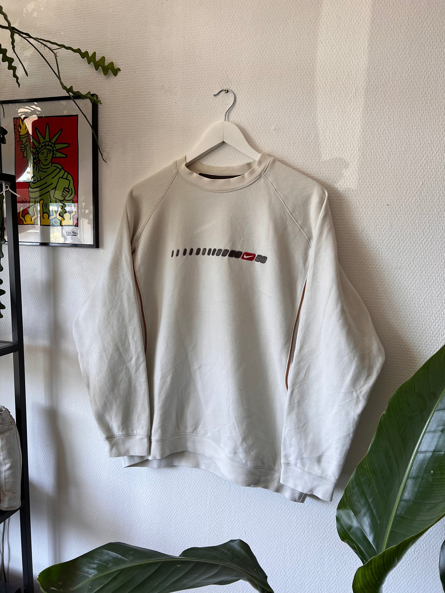 90s Nike Embroidered Y2K Striped Crewneck Sweatshirt Cream – Medium