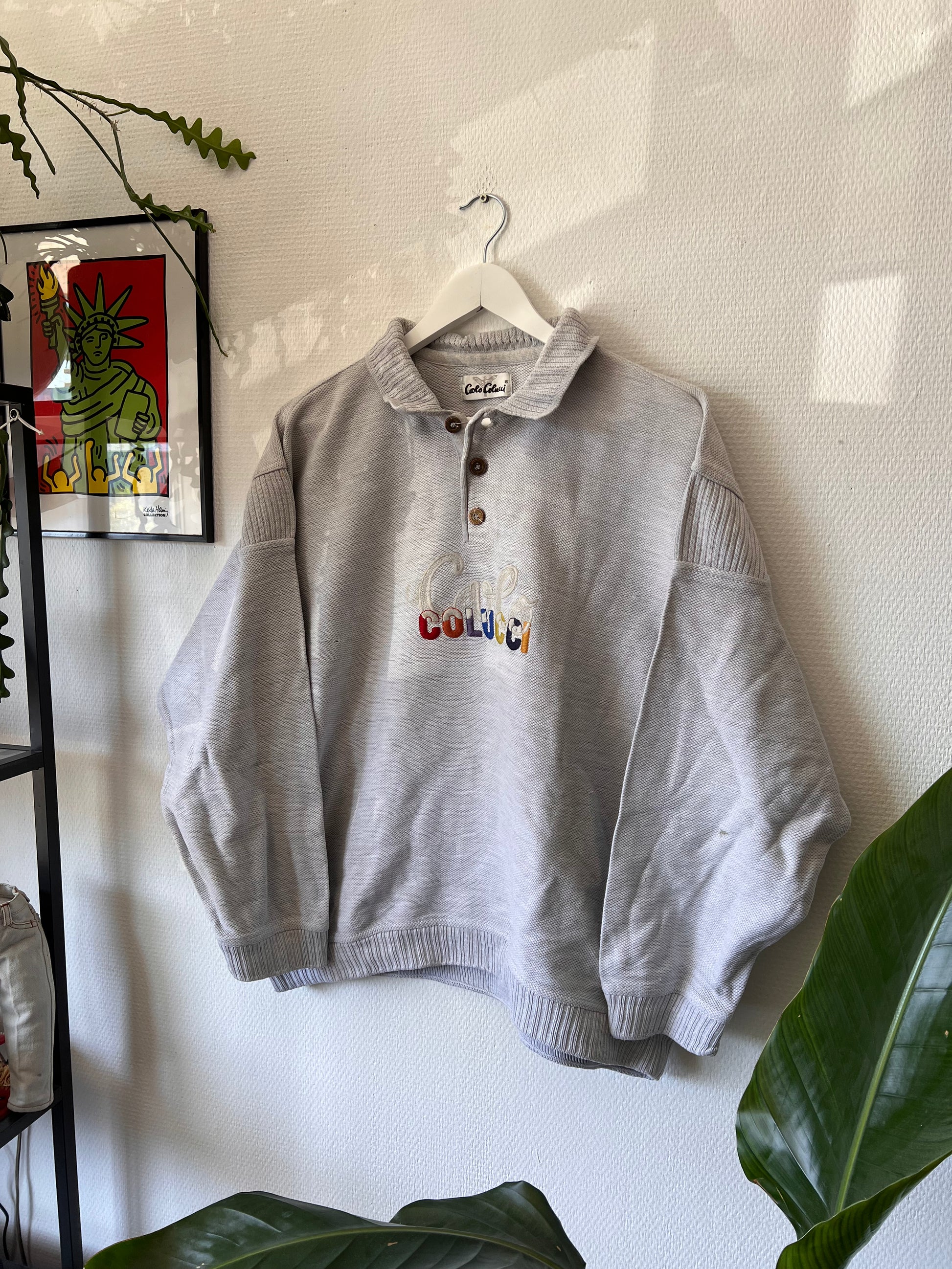90s Carlo Colucci Embroidered 1/4 Button Up Sweatshirt Grey – Large