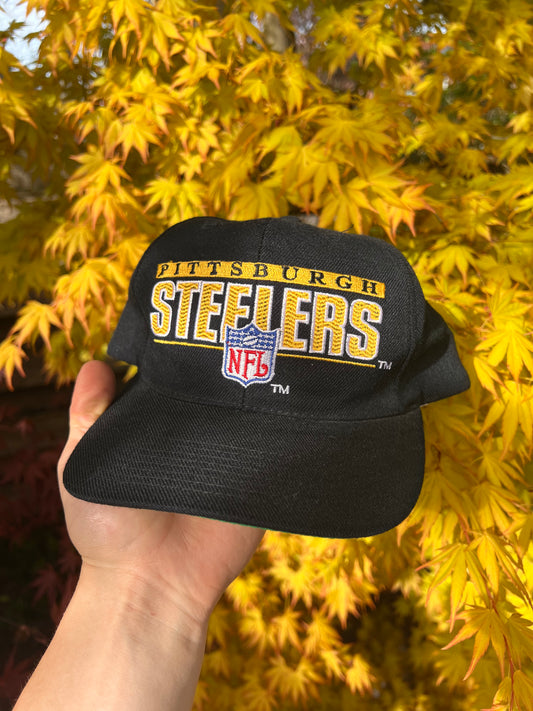 90s Sport Specialties Proline Embroidered Pittsburgh Steelers NFL Strapback Cap Black – One Size