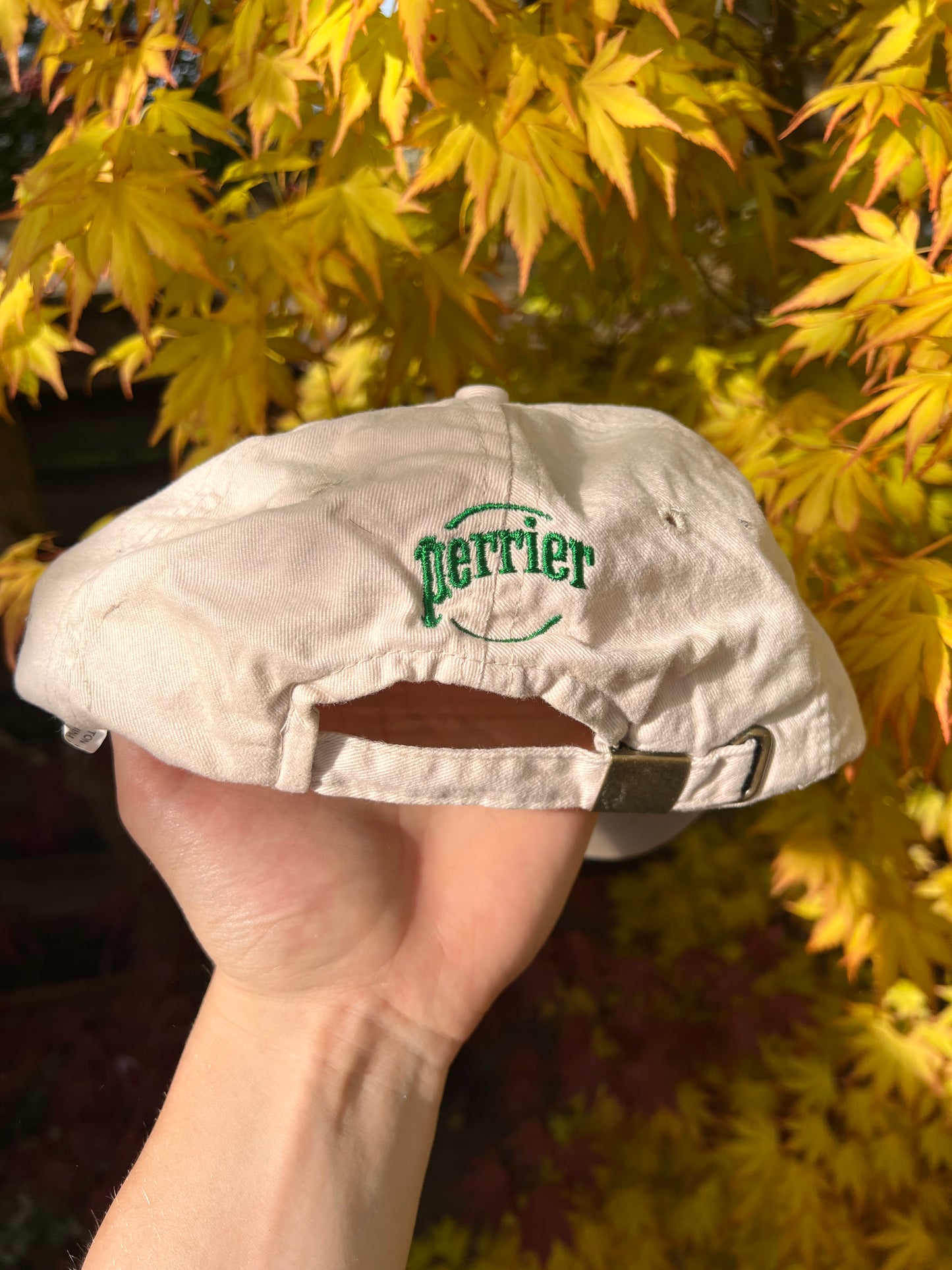 90s Perrier Embroidered Big P Strapback Cap Beige – Medium