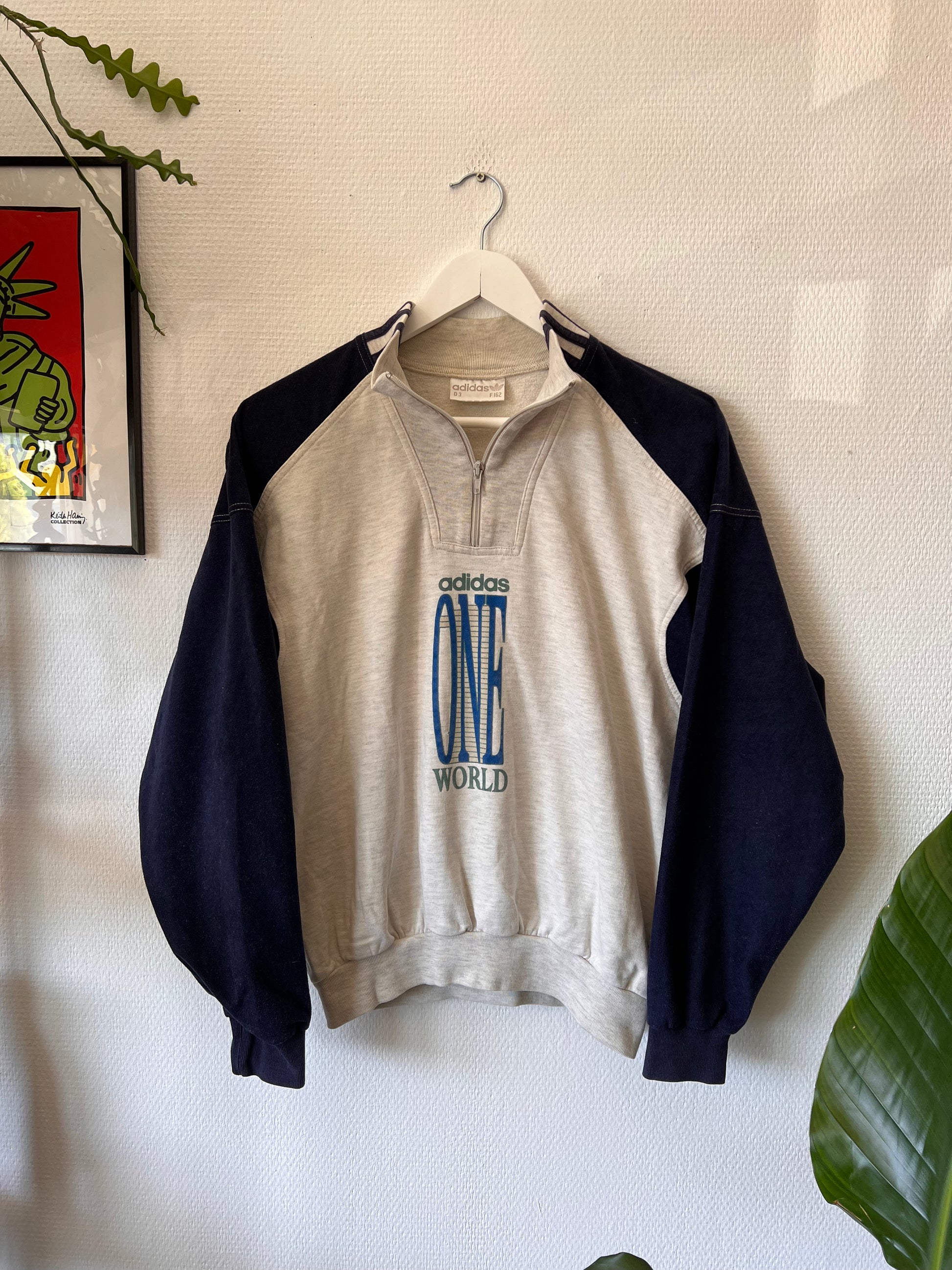 90s Adidas One World Printed 1/4 Zip Up Sweatshirt Grey – Small