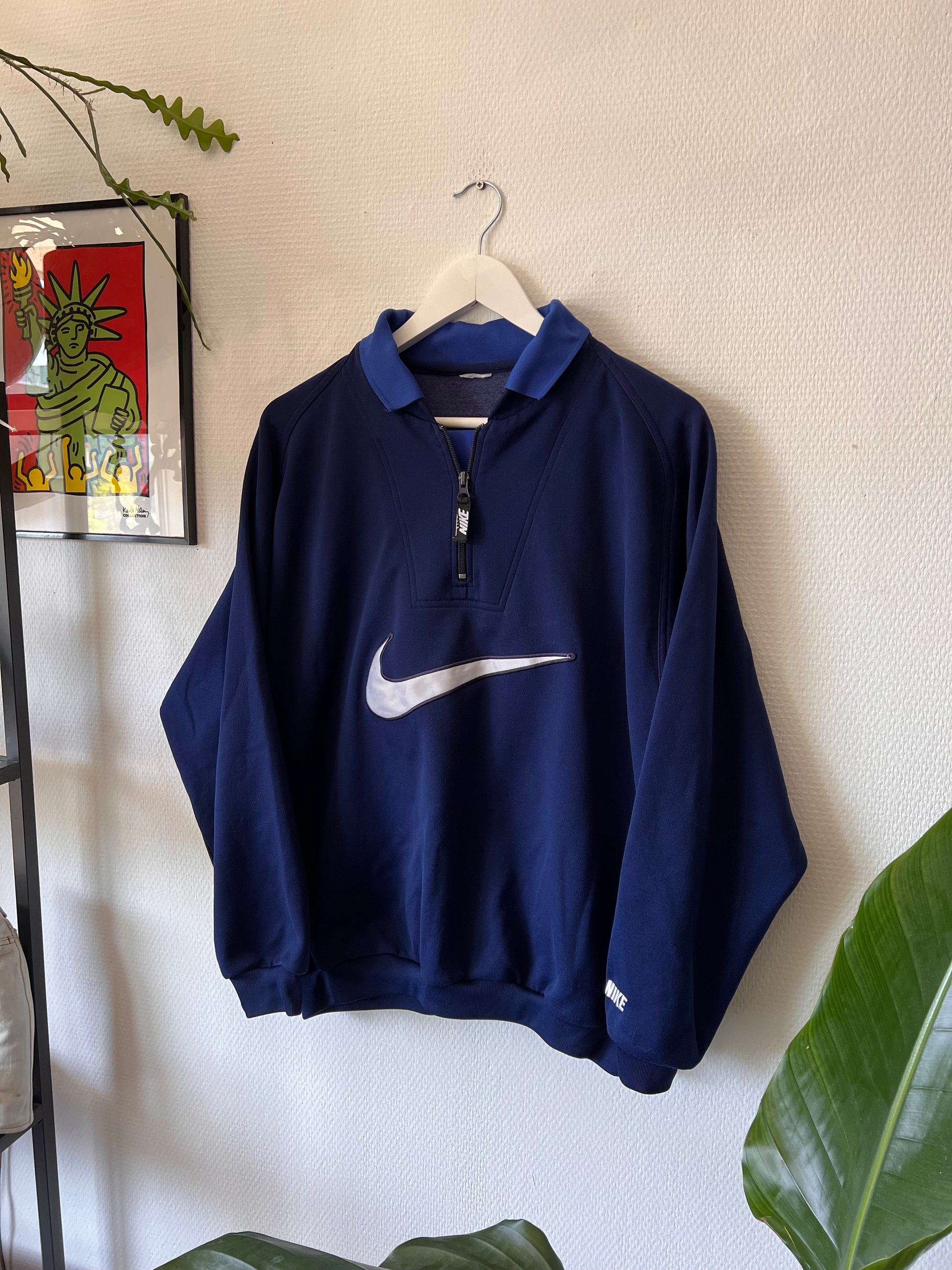 90s Nike Embroidered Big Swoosh 1/4 Zip Up Sweatshirt Navy – Medium