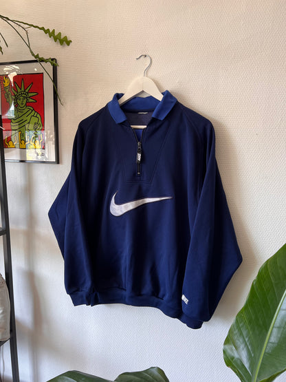 90s Nike Embroidered Big Swoosh 1/4 Zip Up Sweatshirt Navy – Medium
