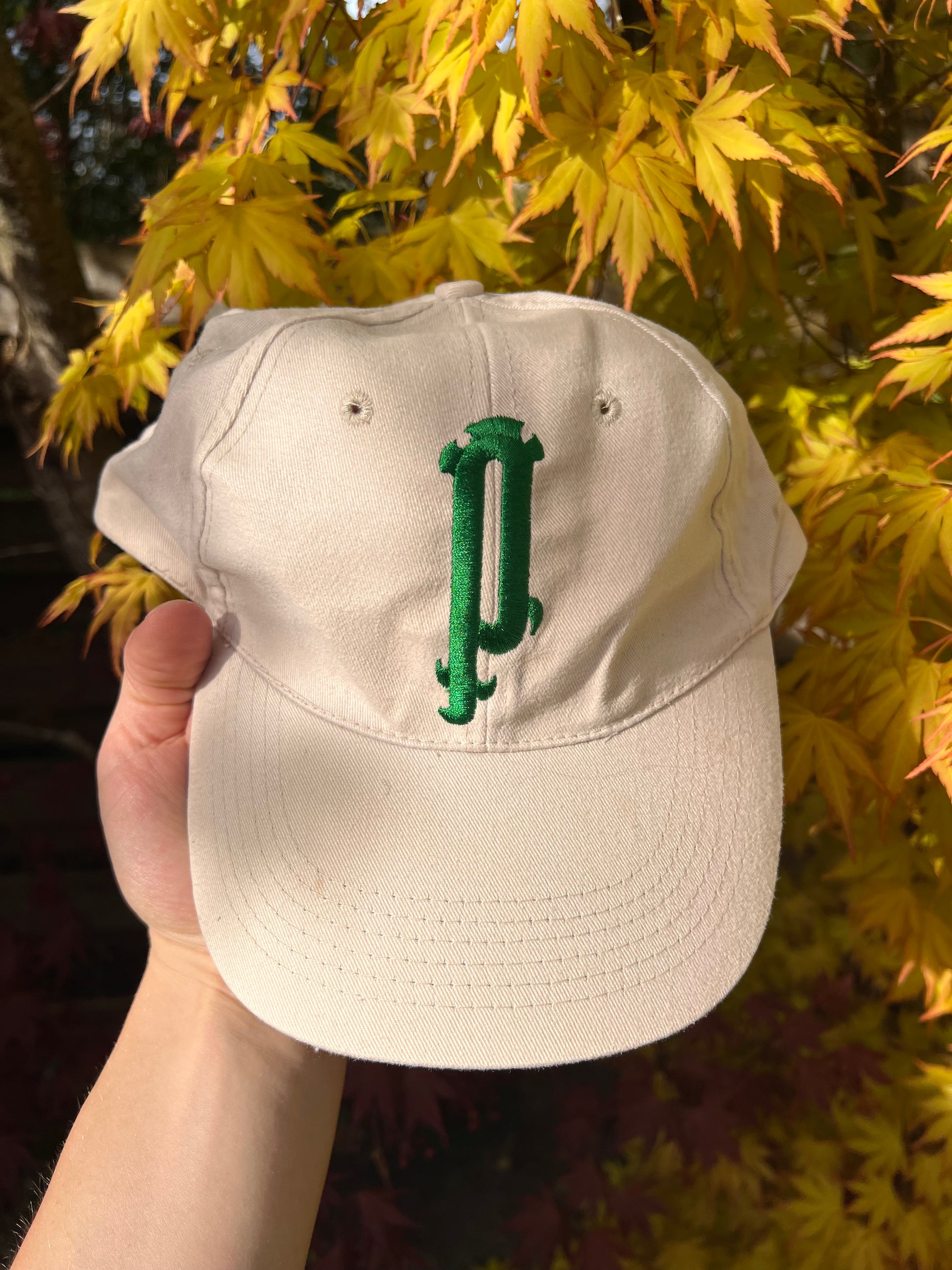 90s Perrier Embroidered Big P Strapback Cap Beige – Medium