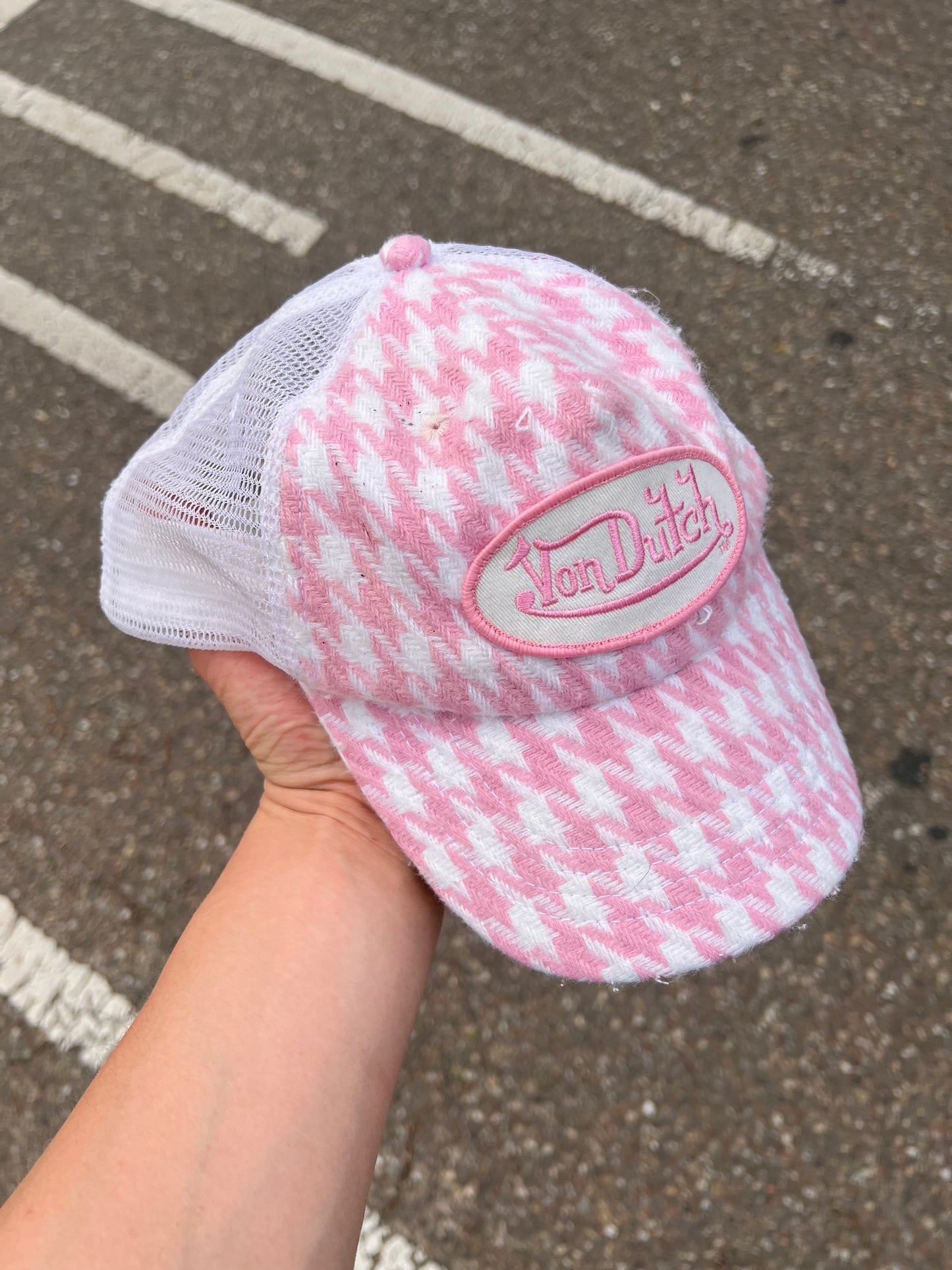 2000s Von Dutch Logo Trucker Checkered Snapback Cap Pink – Medium