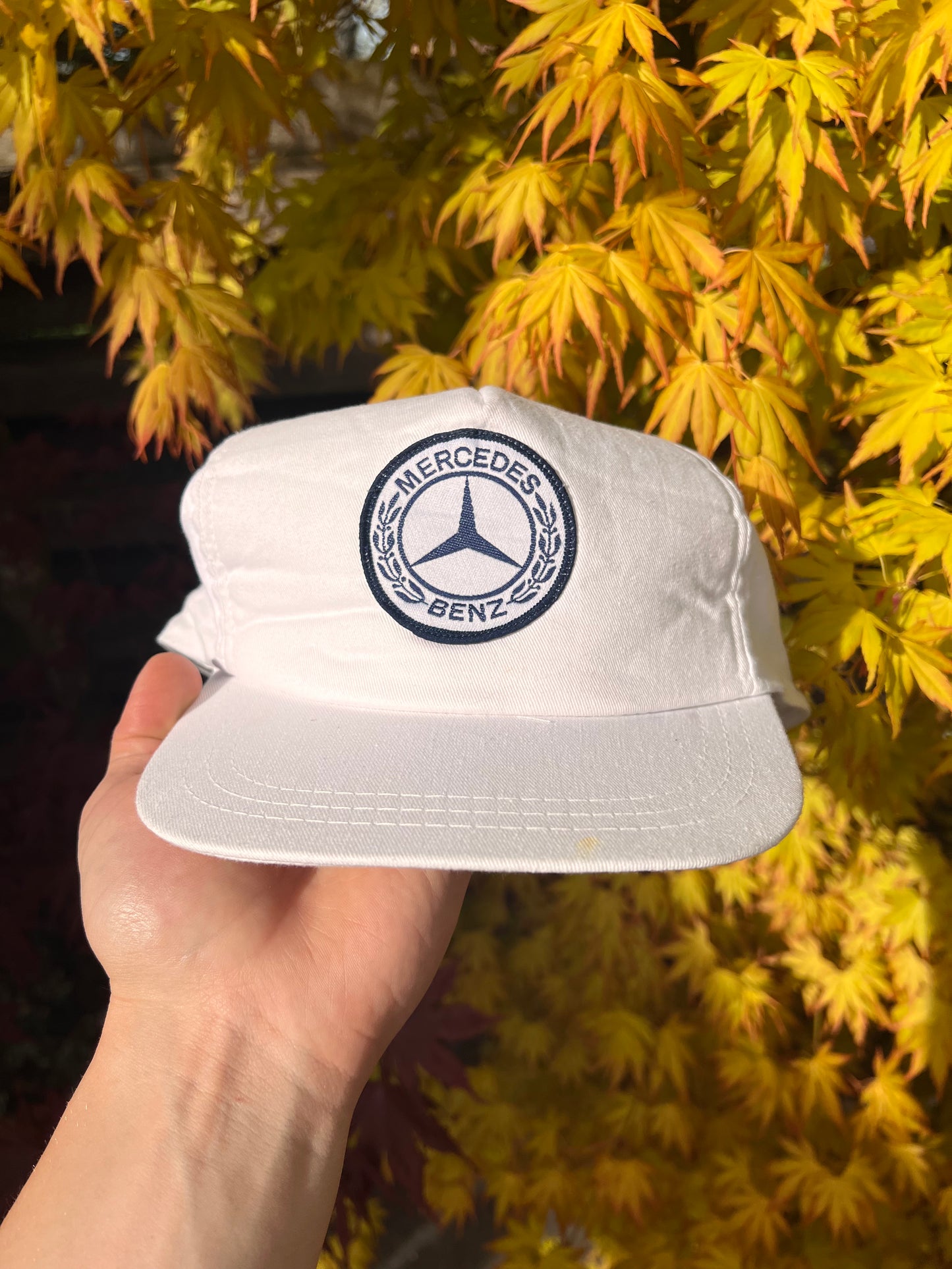 90s Mercedes Benz Patch Center Logo Trucker Cap White – One Size