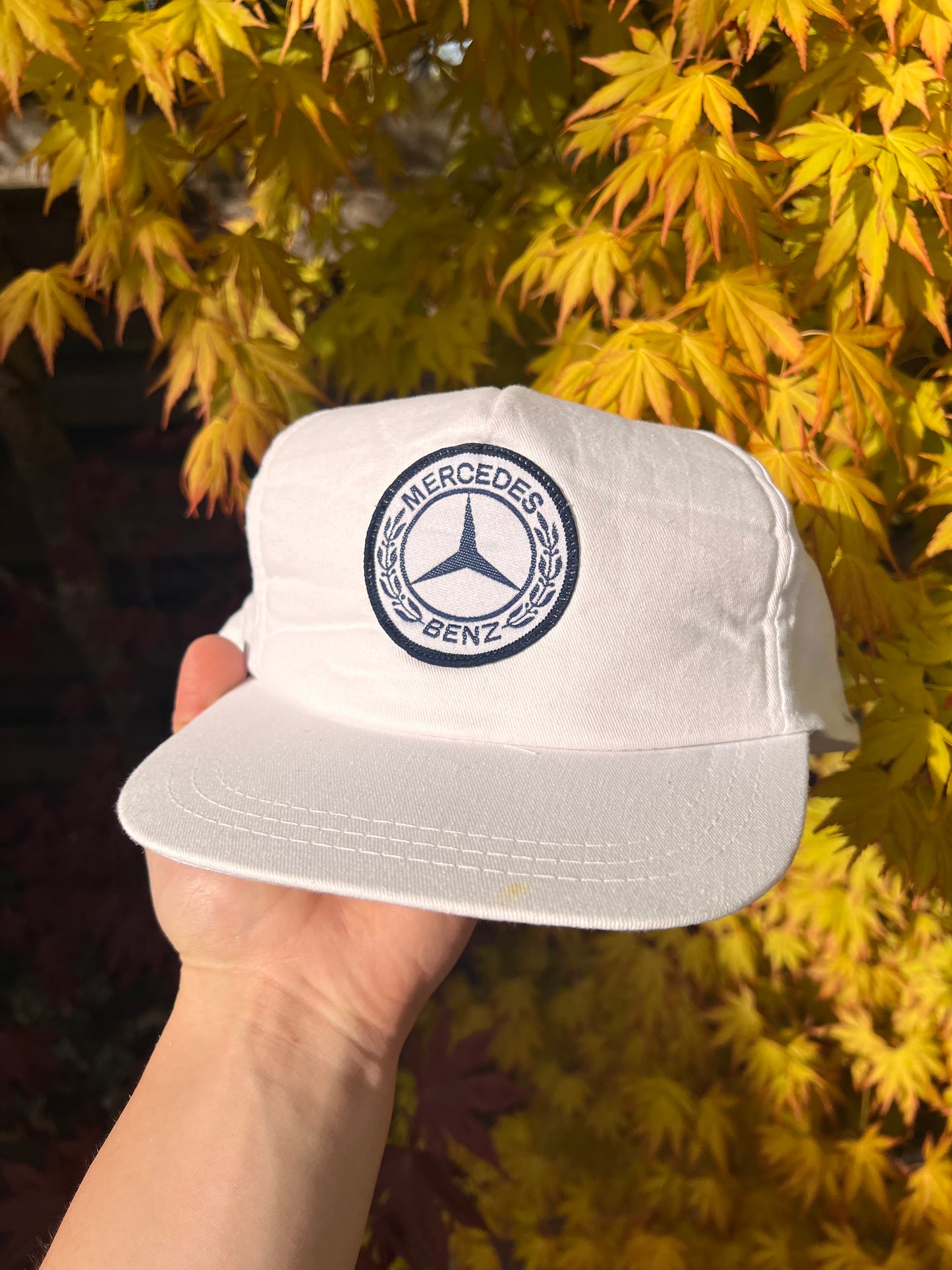 90s Mercedes Benz Patch Center Logo Trucker Cap White – One Size